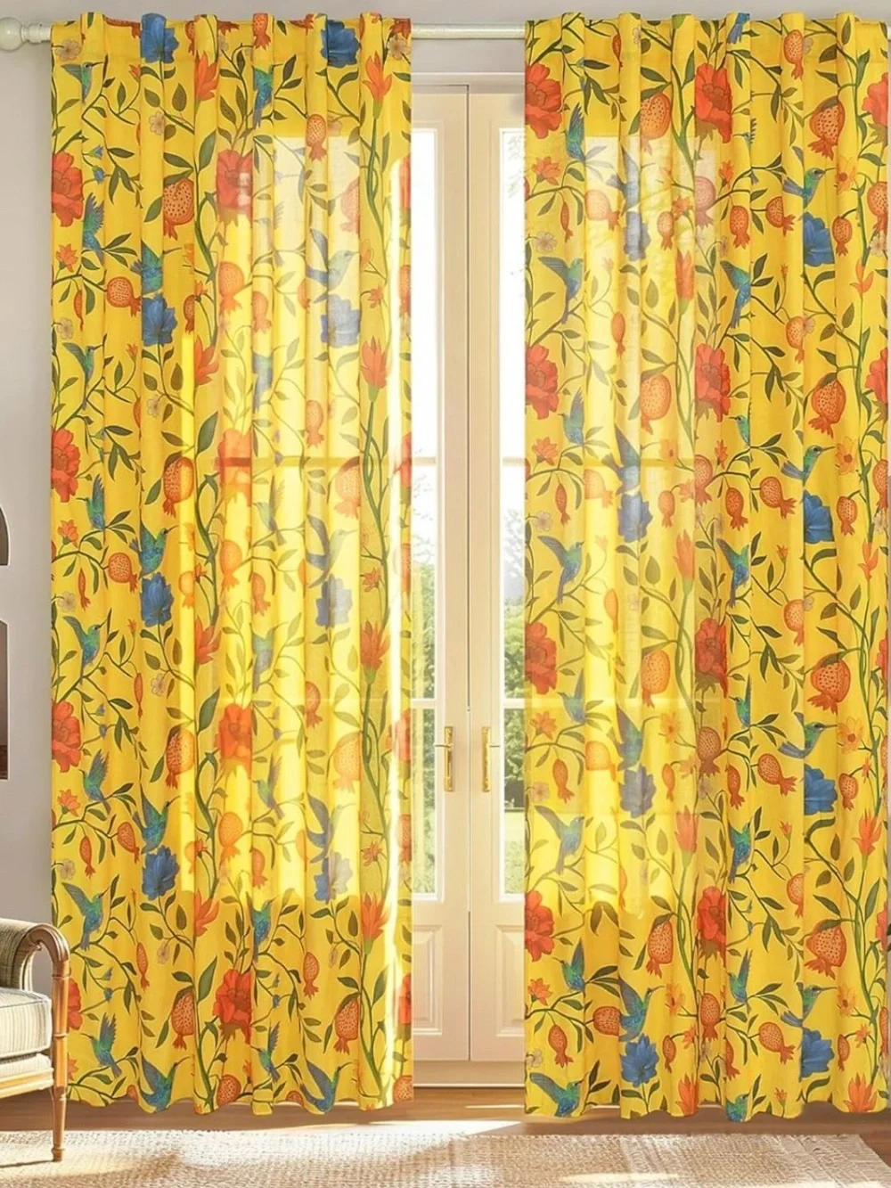 Floral bird yellow curtains 52 X 96” NEW